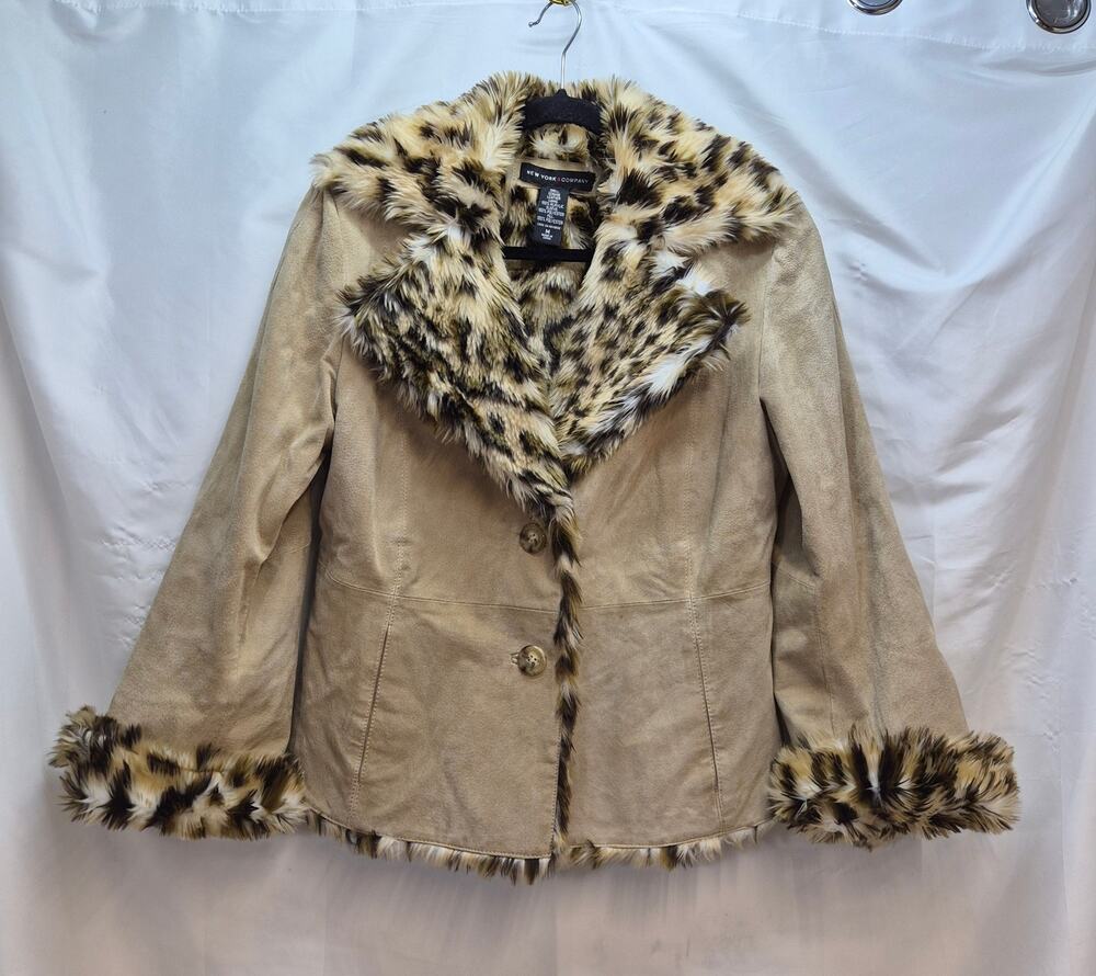 Suede Tan Fitted Leather Jacket Faux Fur Leopard Collar Women's M Y2K Luxury